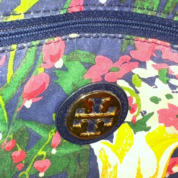 Tory Burch Navy and Denim Shoulder Tote Bag with Floral Interior - Picture 5 of 13